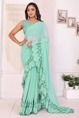 ready to wear sea green georgette embroidery ruffle style saree with blouse piece 1