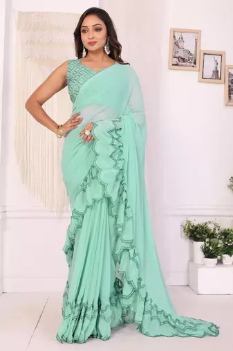 sea green Georgette Ready To Wear Embroidery Ruffle Style Saree With Blouse Piece