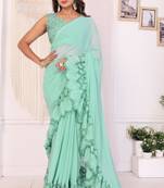 ready to wear sea green georgette embroidery ruffle style saree with blouse piece