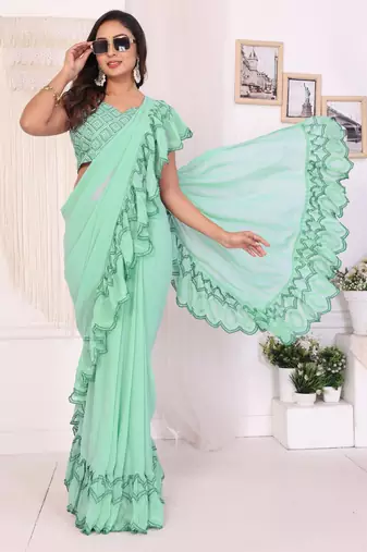 ready to wear sea green georgette embroidery ruffle style saree with blouse piece