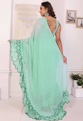 ready to wear sea green georgette embroidery ruffle style saree with blouse piece 4