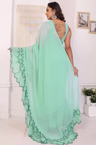 ready to wear sea green georgette embroidery ruffle style saree with blouse piece