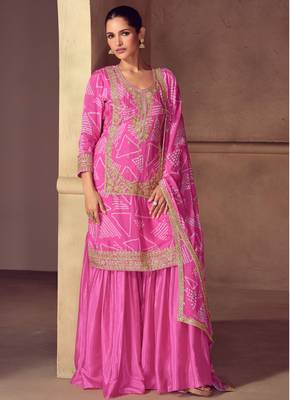 Pink embroidery, zari, sequins work & digital print chinnon straight palazzo suit - free size stitching (size upto 42") 1
