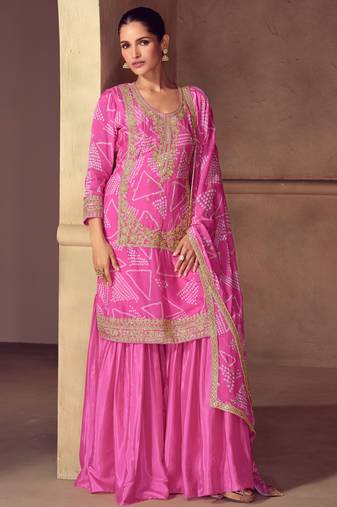 Pink embroidery, zari, sequins work & digital print chinnon straight palazzo suit - free size stitching (size upto 42")