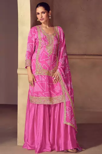 Pink embroidery, zari, sequins work & digital print chinnon straight palazzo suit - free size stitching (size upto 42")