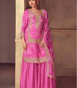 Pink embroidery, zari, sequins work & digital print chinnon straight palazzo suit - free size stitching (size upto 42")