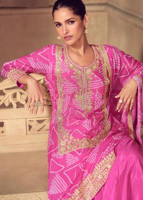 Pink embroidery, zari, sequins work & digital print chinnon straight palazzo suit - free size stitching (size upto 42") 2