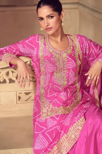 Pink embroidery, zari, sequins work & digital print chinnon straight palazzo suit - free size stitching (size upto 42")