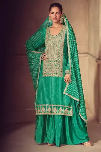 Green embroidery, zari, sequins work & digital print chinnon straight palazzo suit - free size stitching (size upto 42")
