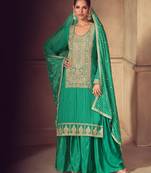 Green embroidery, zari, sequins work & digital print chinnon straight palazzo suit - free size stitching (size upto 42")
