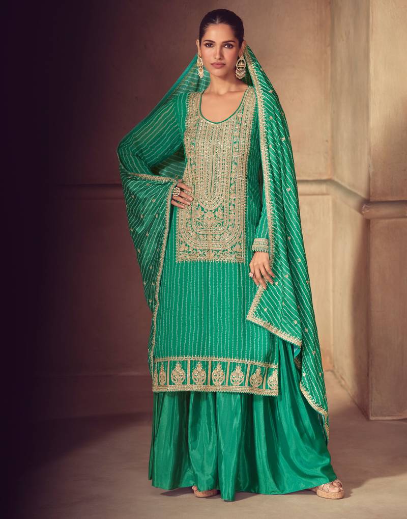 Green embroidery, zari, sequins work & digital print chinnon straight palazzo suit - free size stitching (size upto 42")