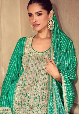 Green embroidery, zari, sequins work & digital print chinnon straight palazzo suit - free size stitching (size upto 42") 2