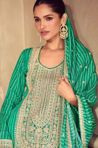 Green embroidery, zari, sequins work & digital print chinnon straight palazzo suit - free size stitching (size upto 42")