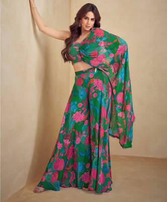 Dark green embroidered hand work and digital print chinnon silk blouse palazzo suit-free size stitching (size upto 42") 1