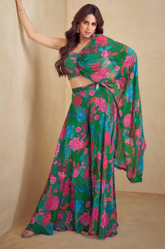 Dark green embroidered hand work and digital print chinnon silk blouse palazzo suit-free size stitching (size upto 42")