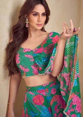 Dark green embroidered hand work and digital print chinnon silk blouse palazzo suit-free size stitching (size upto 42") 2