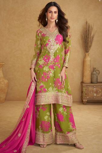 Green embroidery sequins work & digital printed chinnon straight palazzo suit-free size stitching (size upto 42")
