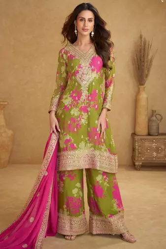 Green embroidery sequins work & digital printed chinnon straight palazzo suit-free size stitching (size upto 42")