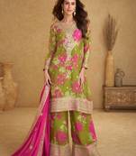 Green embroidery sequins work & digital printed chinnon straight palazzo suit-free size stitching (size upto 42")
