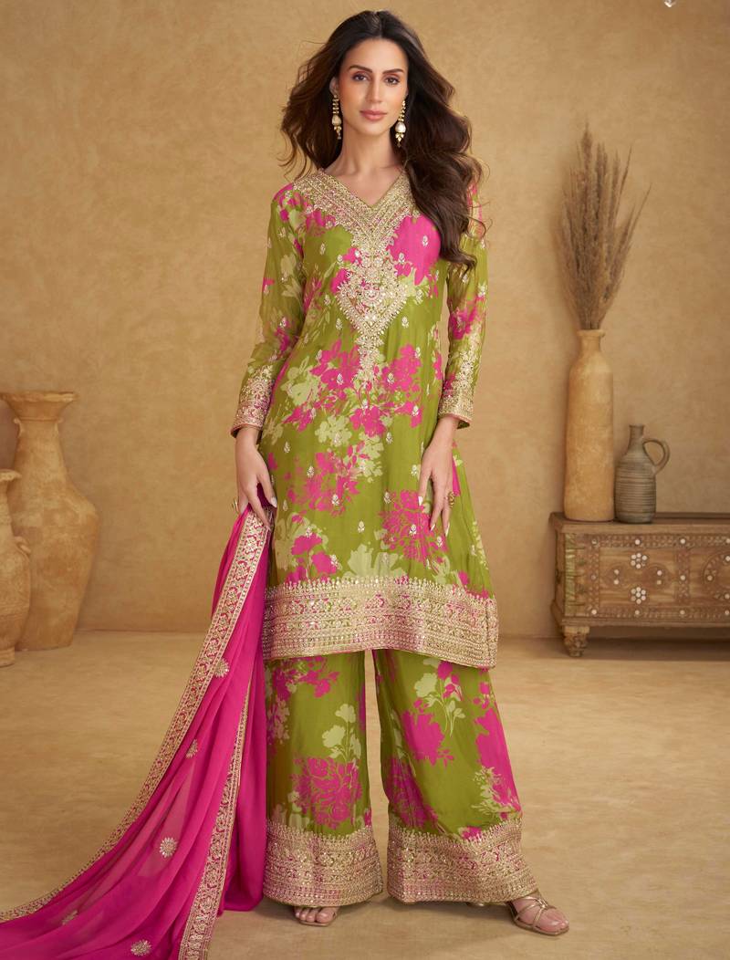 Green embroidery sequins work & digital printed chinnon straight palazzo suit-free size stitching (size upto 42")