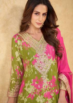 Green embroidery sequins work & digital printed chinnon straight palazzo suit-free size stitching (size upto 42") 2