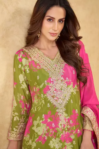 Green embroidery sequins work & digital printed chinnon straight palazzo suit-free size stitching (size upto 42")