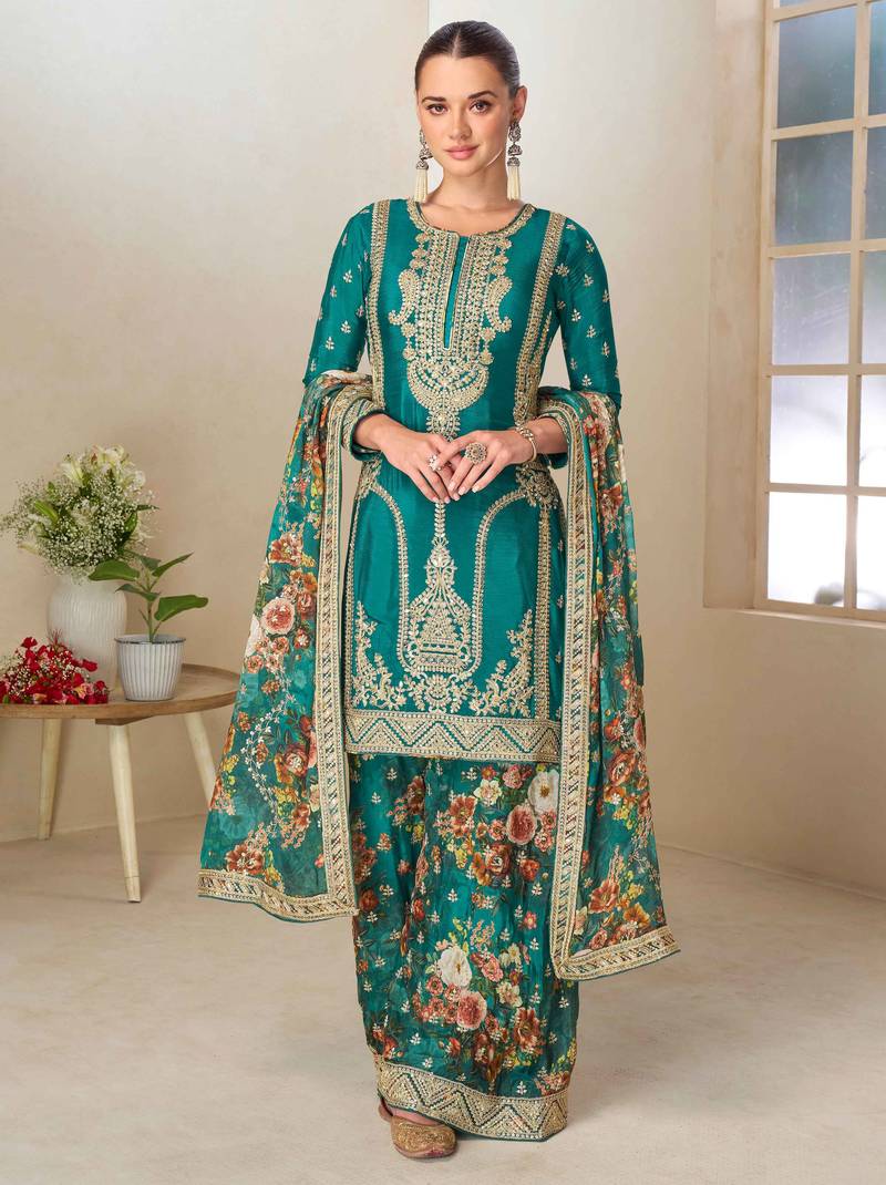 Blue embroidery, hand, sequins work & digital print chinnon straight palazzo suit-free size stitching (size upto 42")