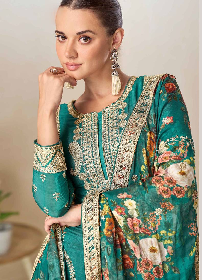 Blue embroidery, hand, sequins work & digital print chinnon straight palazzo suit-free size stitching (size upto 42")