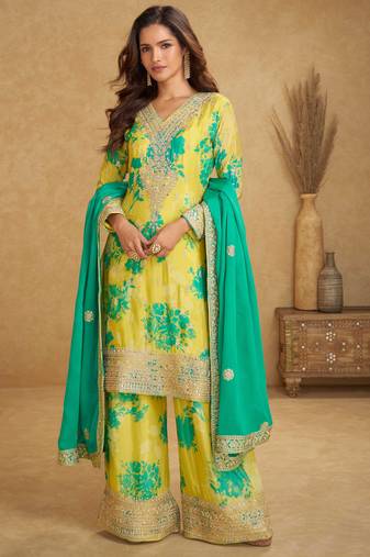 Yellow embroidery,sequins work & digital printed chinnon straight palazzo suit-free size stitching (size upto 42")