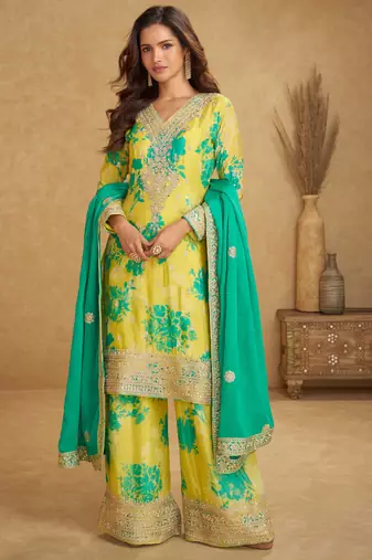 Yellow embroidery,sequins work & digital printed chinnon straight palazzo suit-free size stitching (size upto 42")