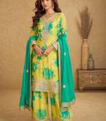 Yellow embroidery,sequins work & digital printed chinnon straight palazzo suit-free size stitching (size upto 42")