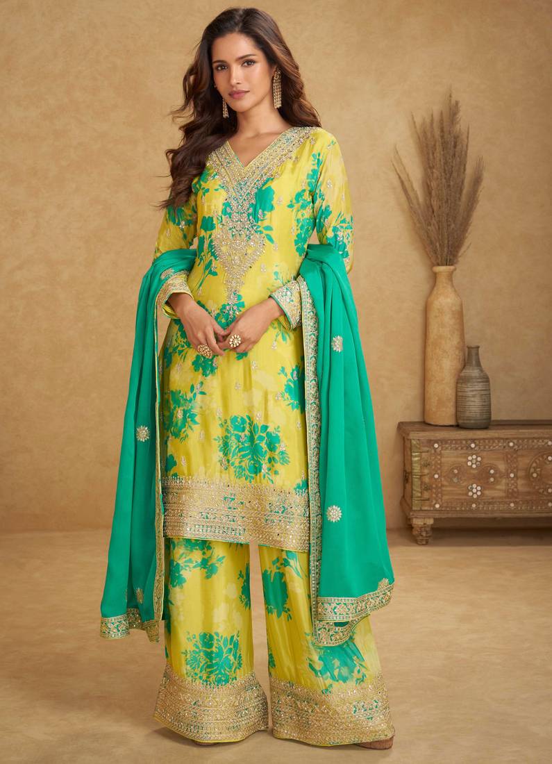 Yellow embroidery,sequins work & digital printed chinnon straight palazzo suit-free size stitching (size upto 42")