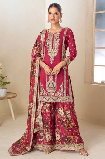 Red embroidery, hand, sequins work & digital print chinnon straight palazzo suit-free size stitching (size upto 42")