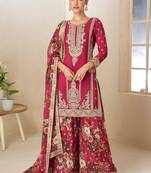 Red embroidery, hand, sequins work & digital print chinnon straight palazzo suit-free size stitching (size upto 42")