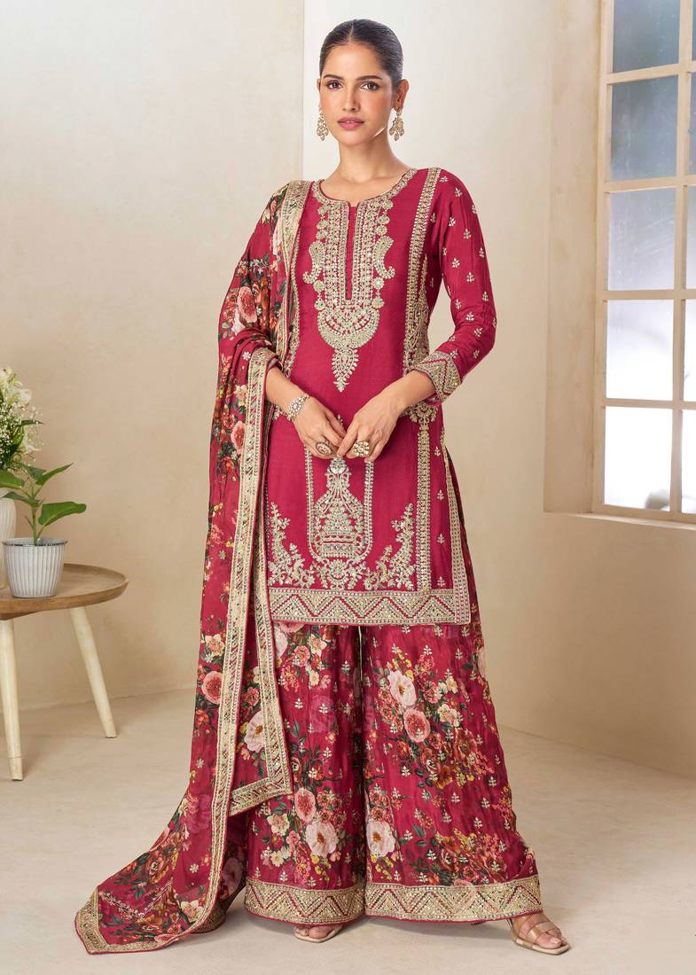 Red embroidery, hand, sequins work & digital print chinnon straight palazzo suit-free size stitching (size upto 42")