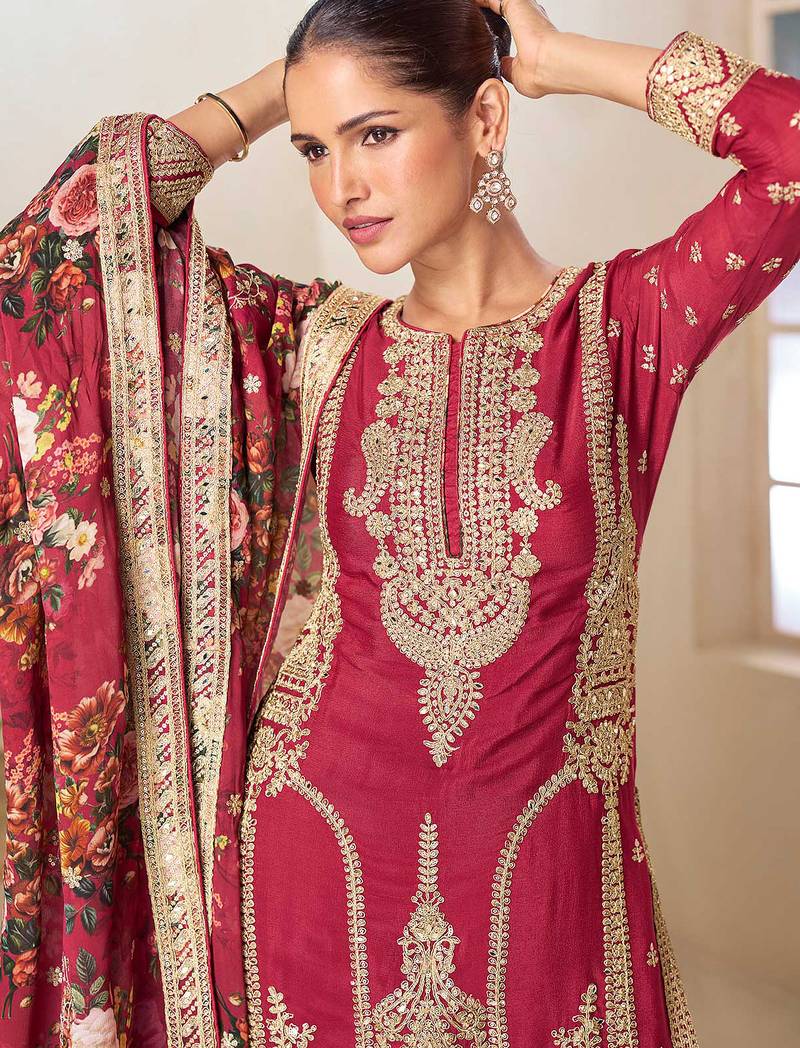 Red embroidery, hand, sequins work & digital print chinnon straight palazzo suit-free size stitching (size upto 42")
