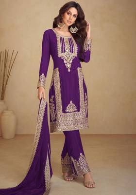 Purple embroidery & sequins work chinnon straight pant suit-free size stitching (size upto 42") 1