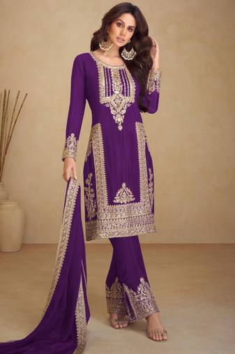 Purple embroidery & sequins work chinnon straight pant suit-free size stitching (size upto 42")