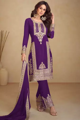 Purple embroidery & sequins work chinnon straight pant suit-free size stitching (size upto 42")