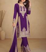 Purple embroidery & sequins work chinnon straight pant suit-free size stitching (size upto 42")