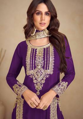 Purple embroidery & sequins work chinnon straight pant suit-free size stitching (size upto 42") 2