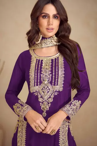 Purple embroidery & sequins work chinnon straight pant suit-free size stitching (size upto 42")