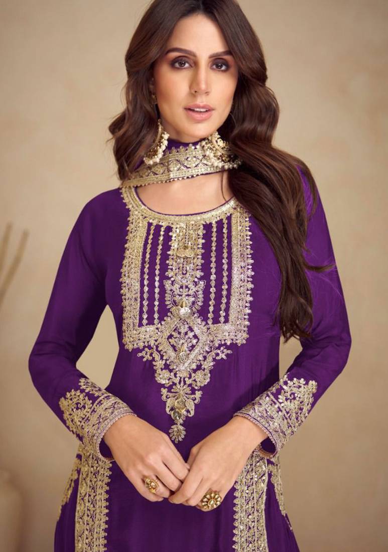 Purple embroidery & sequins work chinnon straight pant suit-free size stitching (size upto 42")
