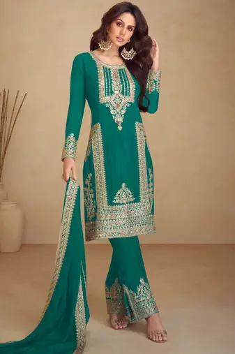 Teal blue embroidery & sequins work chinnon straight pant suit-free size stitching (size upto 42")