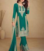 Teal blue embroidery & sequins work chinnon straight pant suit-free size stitching (size upto 42")