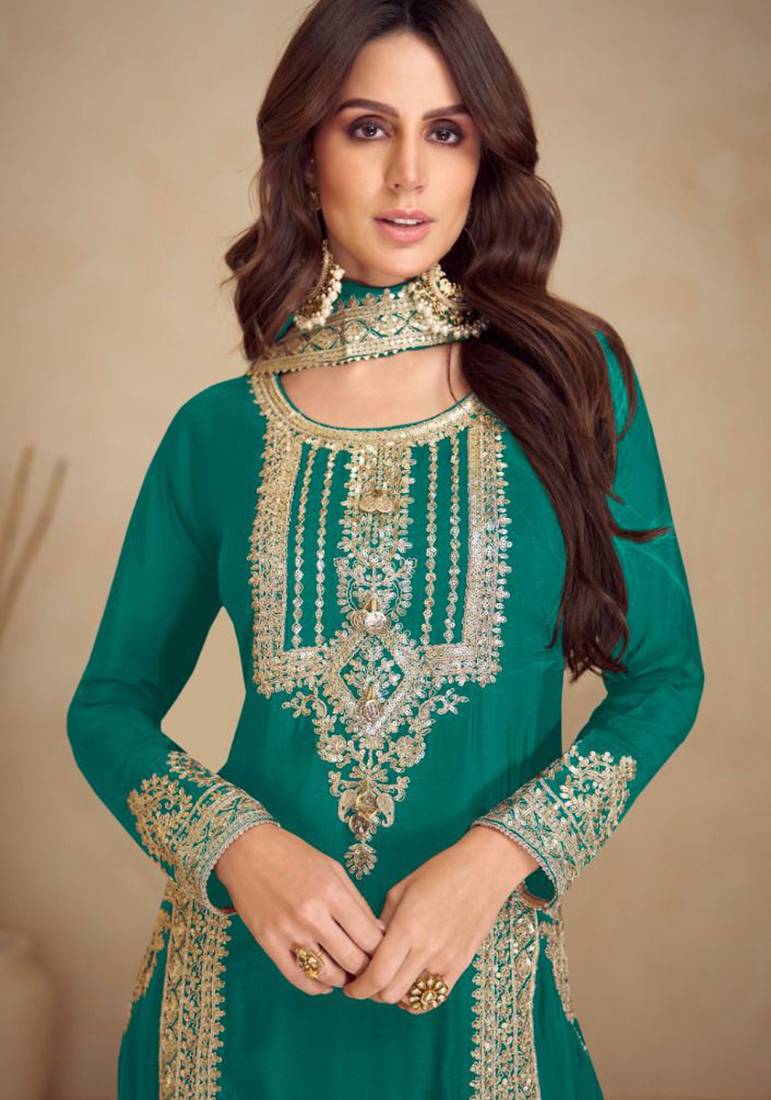 Teal blue embroidery & sequins work chinnon straight pant suit-free size stitching (size upto 42")