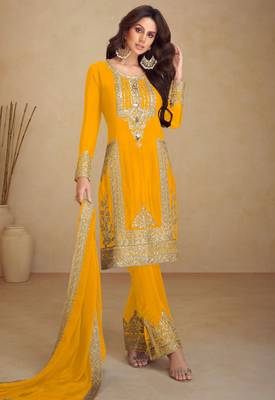 Yellow embroidery & sequins work chinnon straight pant suit-free size stitching (size upto 42") 1
