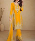 Yellow embroidery & sequins work chinnon straight pant suit-free size stitching (size upto 42")