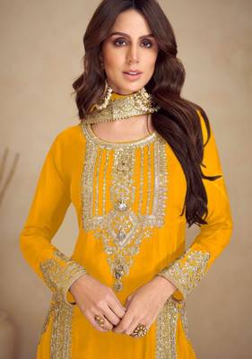 Yellow embroidery & sequins work chinnon straight pant suit-free size stitching (size upto 42") 2