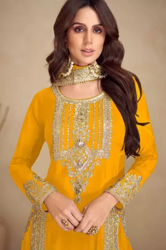 Yellow embroidery & sequins work chinnon straight pant suit-free size stitching (size upto 42")